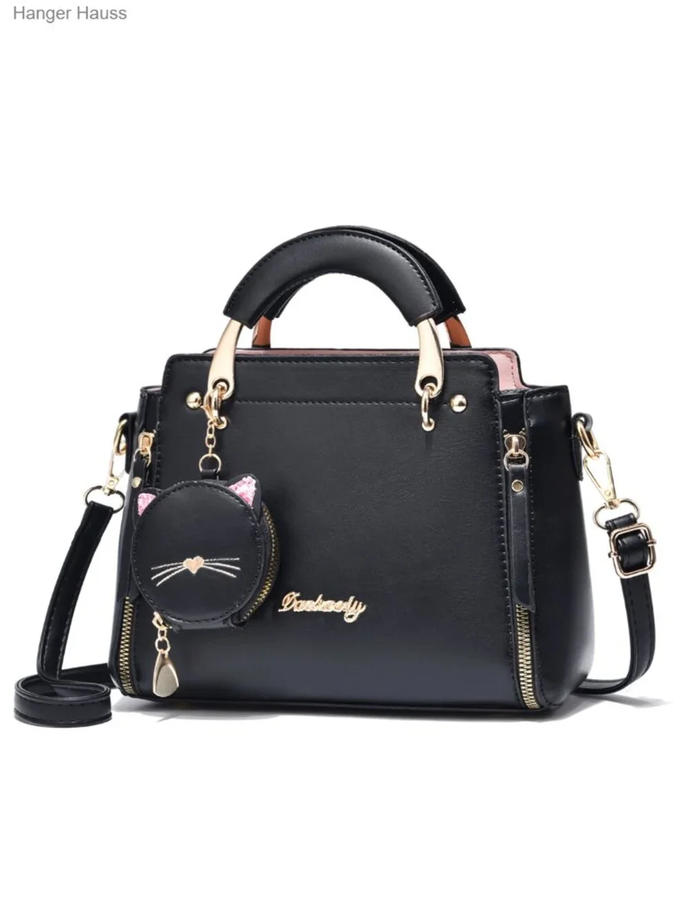 Women's Faux Leather Satchel Crossbody Bag with Kitten Pendant